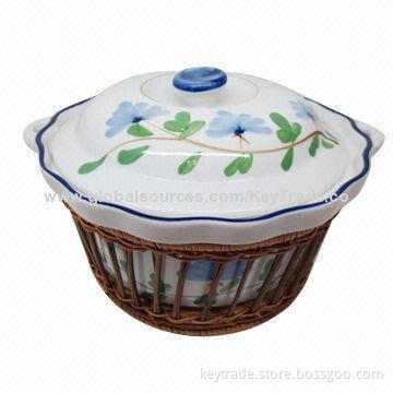 Fine Porcelain 10.5-inch Waved Rim Round Tureen with Basket, Hand Paint